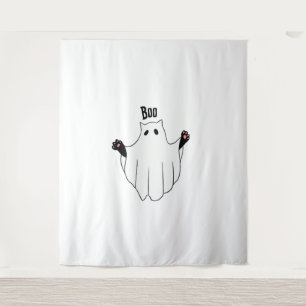 Cat Ghost Boo Halloween Funny Spooky Black Cat Tapestry