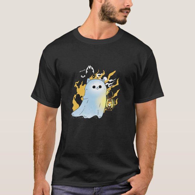 Cat Ghost With Lantern Phantom Spook Halloween Lon T-Shirt (Front)