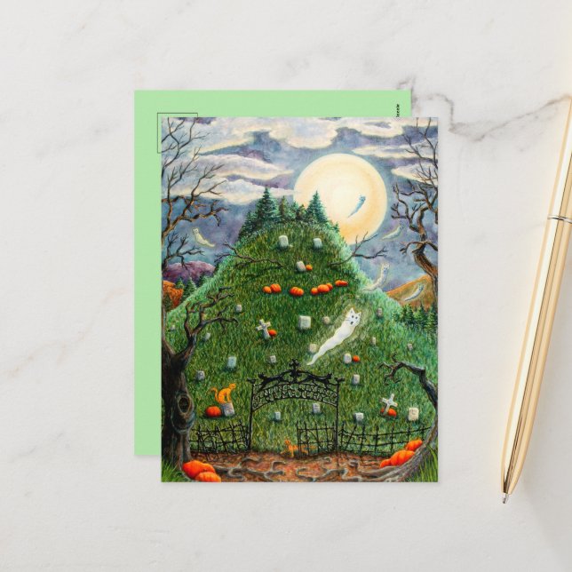 CAT GHOSTS IN NINE LIVES CEMETERY, SPOOKY FOLK ART HOLIDAY POSTCARD (Front/Back In Situ)