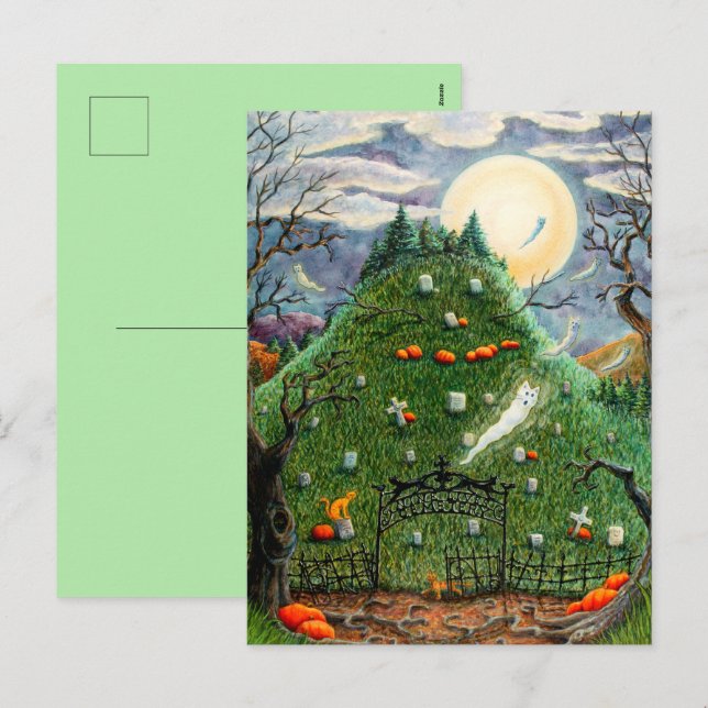 CAT GHOSTS IN NINE LIVES CEMETERY, SPOOKY FOLK ART HOLIDAY POSTCARD (Front/Back)