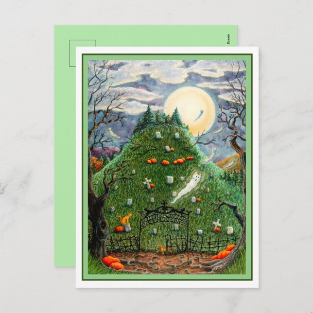 CAT GHOSTS IN NINE LIVES CEMETERY, SPOOKY FOLK ART HOLIDAY POSTCARD (Front/Back)