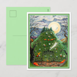CAT GHOSTS IN NINE LIVES CEMETERY, SPOOKY FOLK ART HOLIDAY POSTCARD