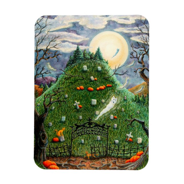 CAT GHOSTS IN NINE LIVES CEMETERY, SPOOKY FOLK ART MAGNET (Vertical)