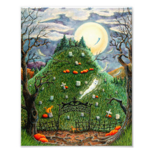 CAT GHOSTS IN NINE LIVES CEMETERY, SPOOKY FOLK ART PHOTO PRINT