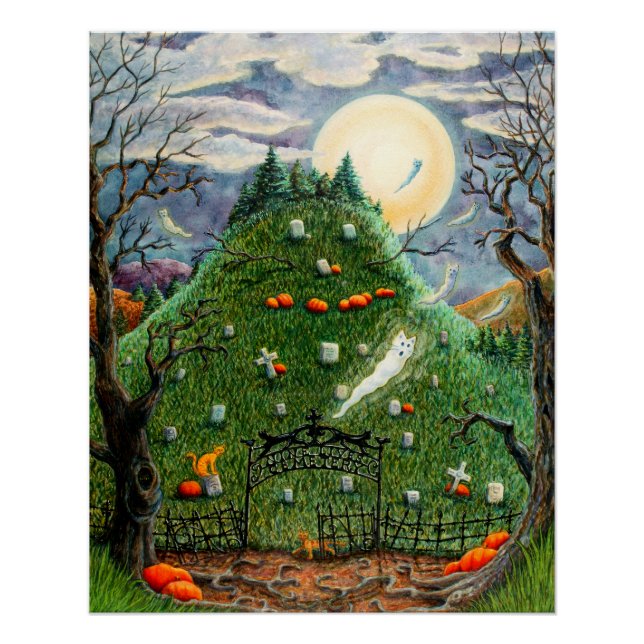 CAT GHOSTS IN NINE LIVES CEMETERY, SPOOKY FOLK ART POSTER (Front)