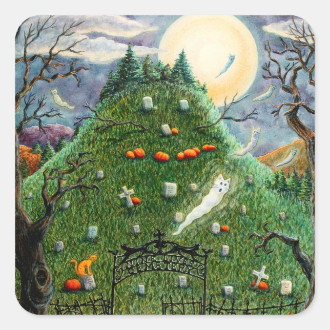 CAT GHOSTS IN NINE LIVES CEMETERY, SPOOKY FOLK ART SQUARE STICKER (Front)