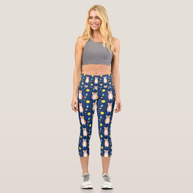 Cat Gift | Space Cat Pattern Graphic Capri Leggings (Front)