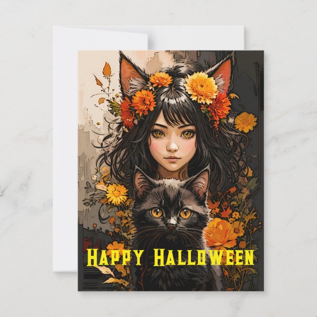 Cat Girl and Black Cat Halloween Holiday Card (Front)