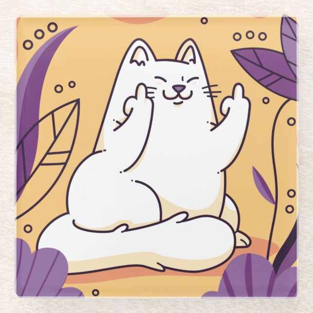 Cat giving the finger glass coaster (Front)
