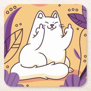 Cat giving the finger square paper coaster
