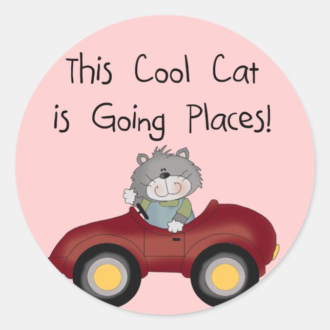 Cat Going Places Red Car tshirts and Gifts Classic Round Sticker (Front)