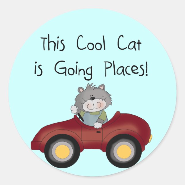 Cat Going Places Red Car tshirts and Gifts Classic Round Sticker (Front)