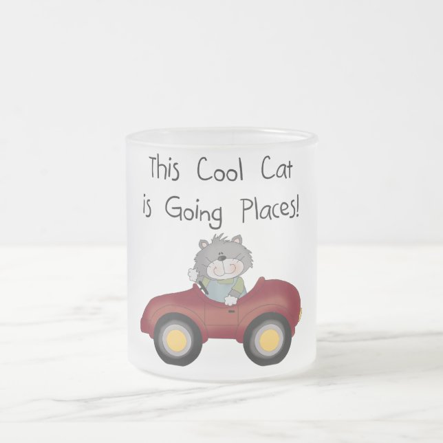 Cat Going Places Red Car tshirts and Gifts Frosted Glass Coffee Mug (Center)