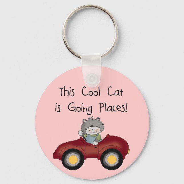 Cat Going Places Red Car tshirts and Gifts Key Ring (Front)