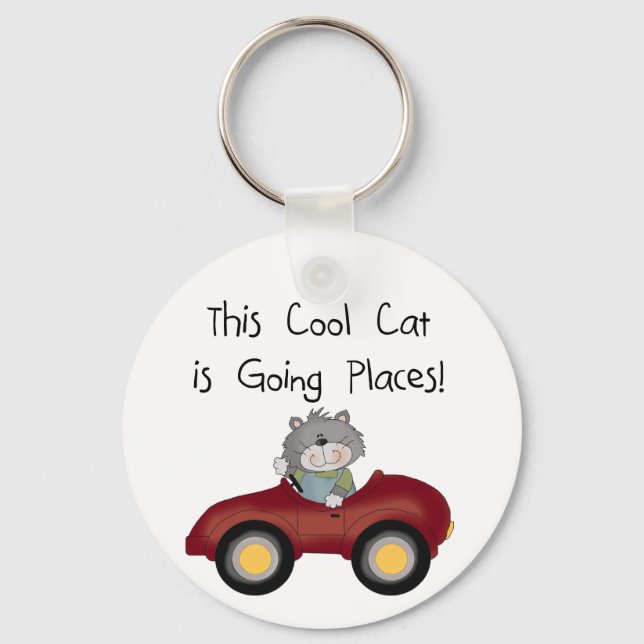 Cat Going Places Red Car tshirts and Gifts Key Ring (Front)