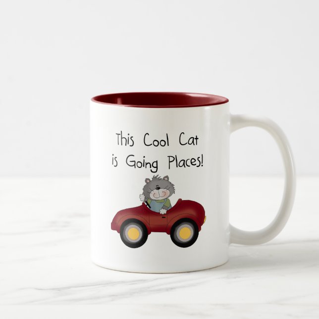 Cat Going Places Red Car tshirts and Gifts Two-Tone Coffee Mug (Right)