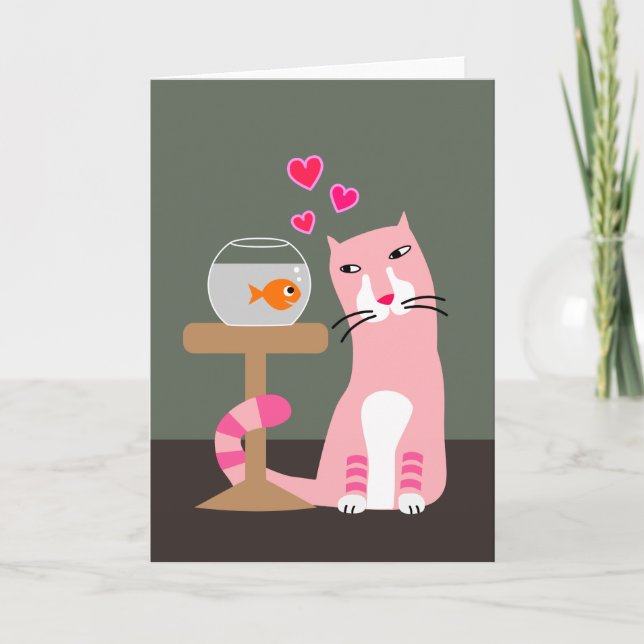 Cat & Goldfish Valentine Holiday Card (Front)