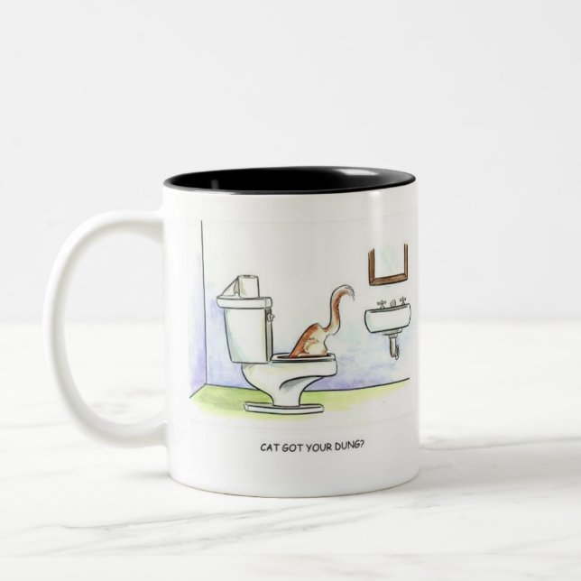 Cat Got Your Dung? Funny cartoon humour Two-Tone Coffee Mug (Left)
