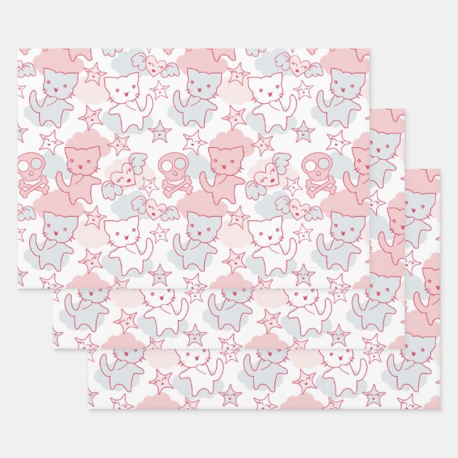 Cat Goth Skull Japanese Style Kawaii Heart Cloud Wrapping Paper Sheet (Set)