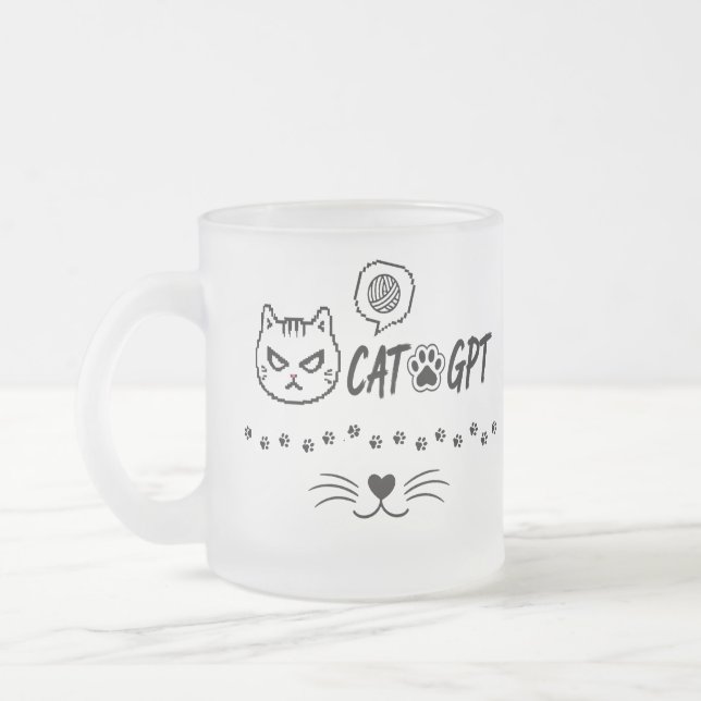 CAT GPT AI Funny Pixel Cat / Funny Cat Tech Quote  Frosted Glass Coffee Mug (Left)