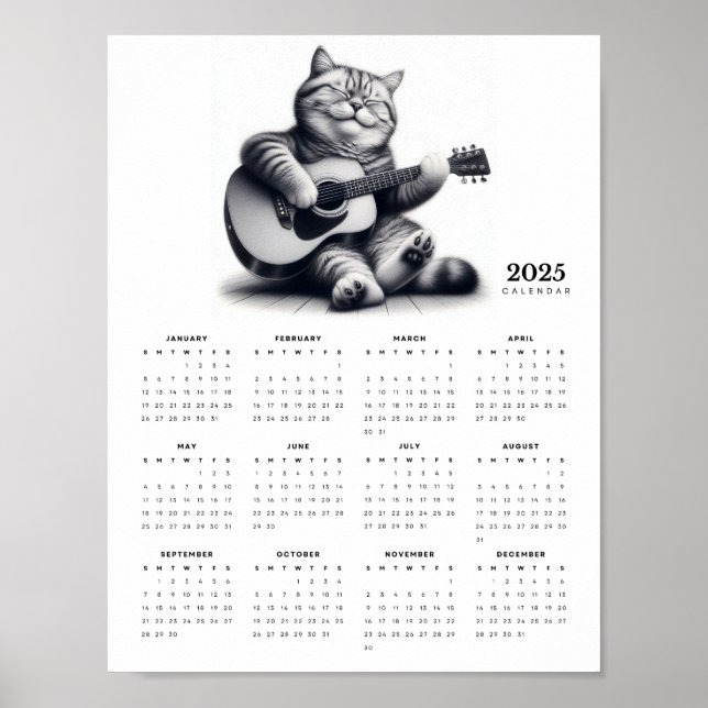Cat Guitarist 2025 Calendar Musical Feline Fine Poster (Front)