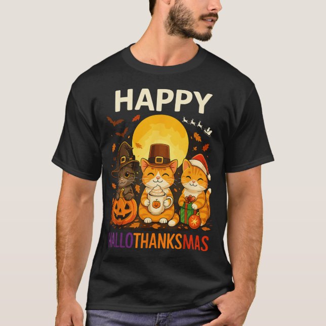 Cat Hallothanksmas Kitten Halloween Thanksgiving T-Shirt (Front)