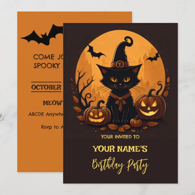 Cat halloween birthday  invitation (Front/Back)