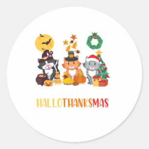 Cat Halloween Christmas Happy Hallothanksmas Thank Classic Round Sticker