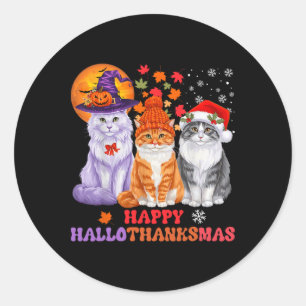Cat Halloween Christmas Happy Hallothanksmas Thank Classic Round Sticker