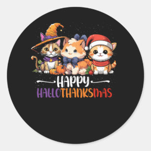 Cat Halloween Christmas Happy Hallothanksmas Thank Classic Round Sticker