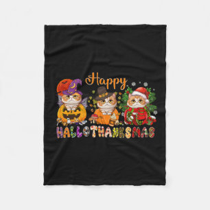 Cat Halloween Christmas Happy Hallothanksmas Thank Fleece Blanket