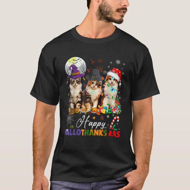 Cat Halloween Christmas Happy Hallothanksmas Thank T-Shirt (Front)