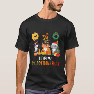 Cat Halloween Happy Hallothanksmas Thanksgiving T-Shirt