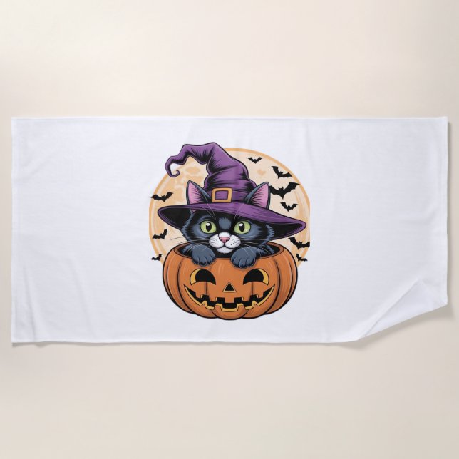 Cat Halloween Pumpkin Black Cat Oversized T-Shirt Beach Towel (Front)