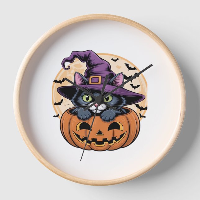 Cat Halloween Pumpkin Black Cat Oversized T-Shirt Clock (Front)
