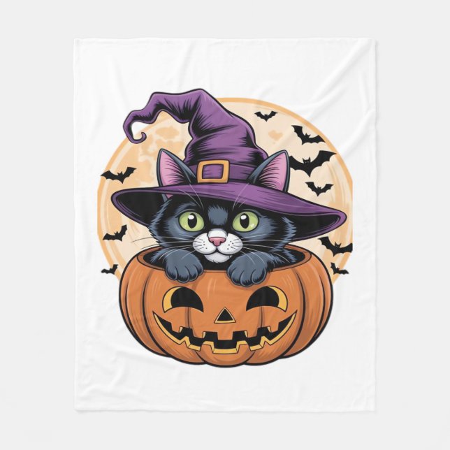 Cat Halloween Pumpkin Black Cat Oversized T-Shirt Fleece Blanket (Front)