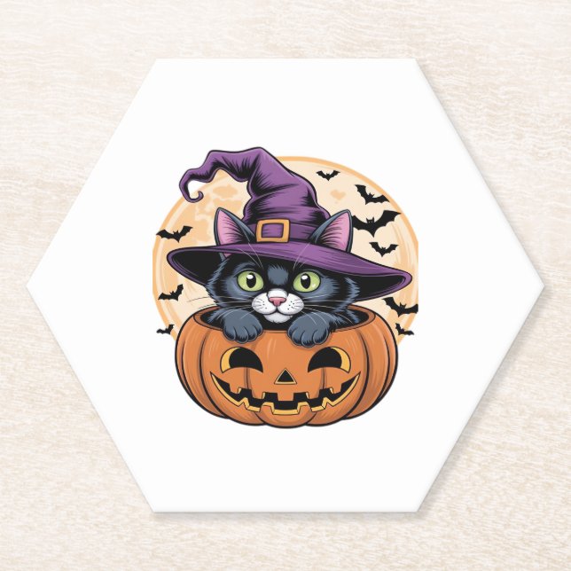 Cat Halloween Pumpkin Black Cat Oversized T-Shirt Paper Coaster (Front)