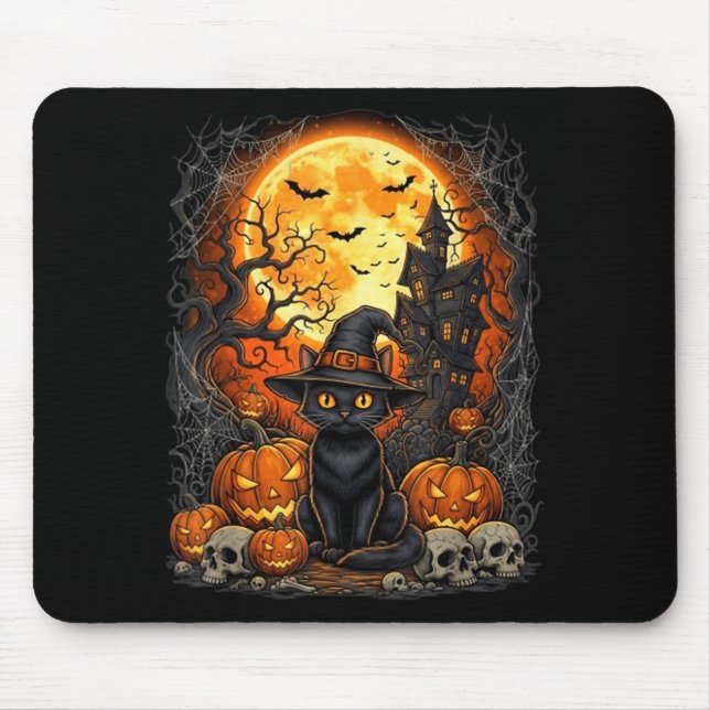 Cat Halloween Pumpkin Black Mouse Mat (Front)