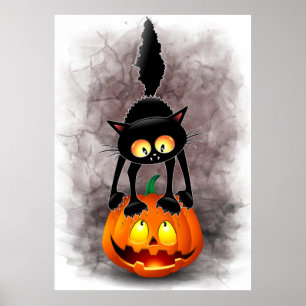 Cat Halloween Scared Cartoon Character standing on Poster