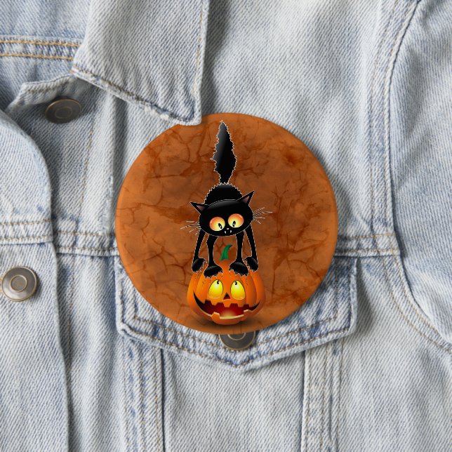 Cat Halloween Scared Cartoon on Pumpkin 10 Cm Round Badge (In Situ)