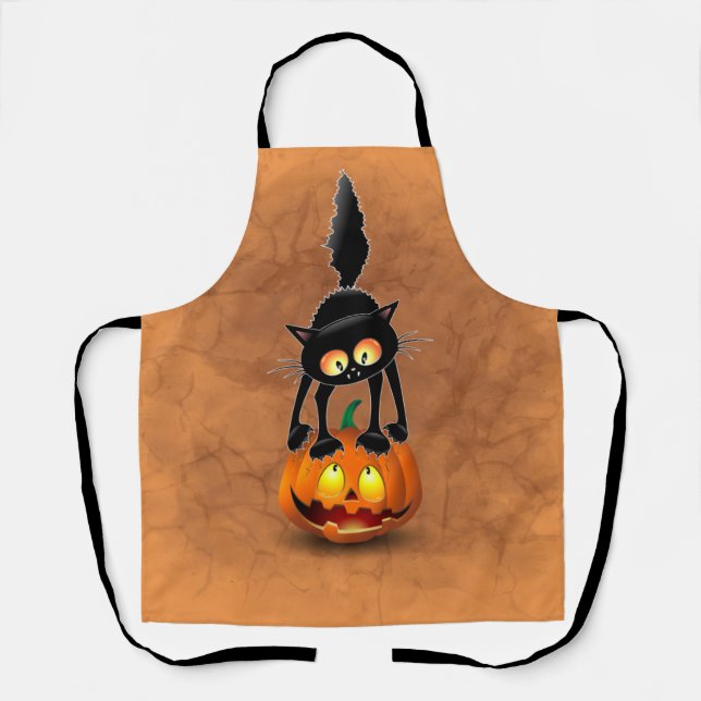 Cat Halloween Scared Cartoon on Pumpkin Apron (Front)
