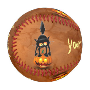 Cat Halloween Scared Cartoon on Pumpkin Baseball