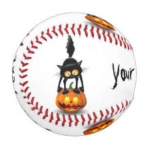Cat Halloween Scared Cartoon on Pumpkin Baseball