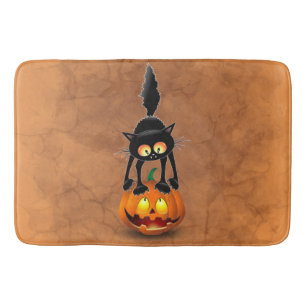 Cat Halloween Scared Cartoon on Pumpkin Bath Mat