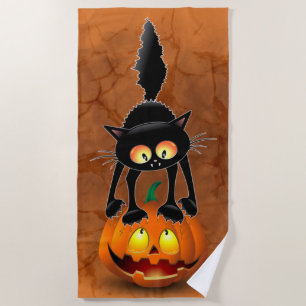 Cat Halloween Scared Cartoon on Pumpkin Beach Towel