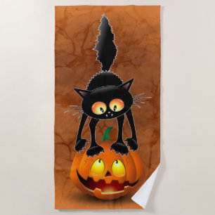 Cat Halloween Scared Cartoon on Pumpkin Beach Towel