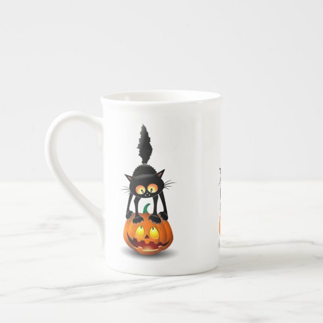 Cat Halloween Scared Cartoon on Pumpkin Bone China Mug (Left)