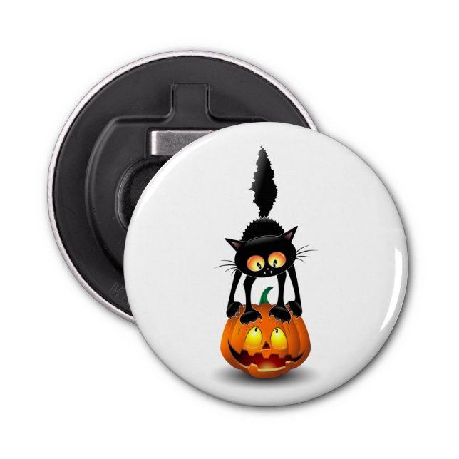 Cat Halloween Scared Cartoon on Pumpkin Bottle Opener (Front)