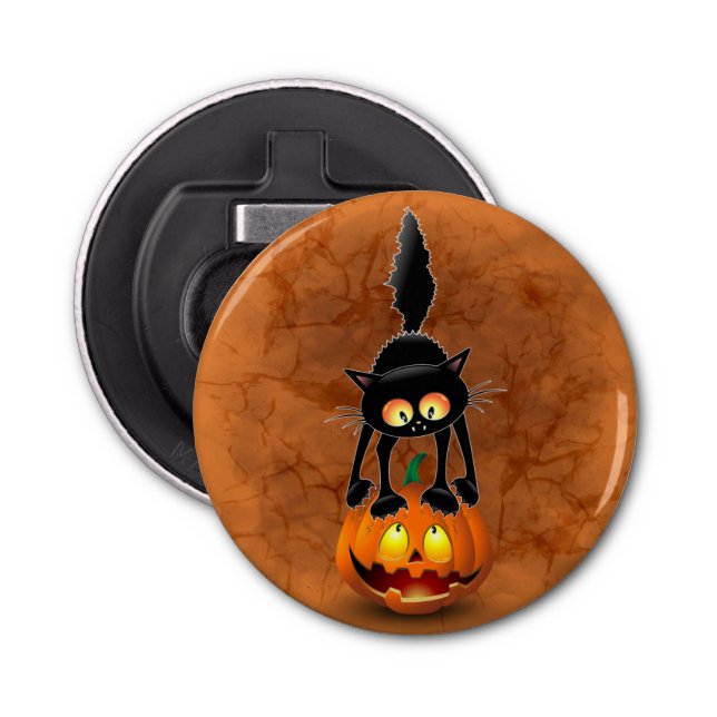 Cat Halloween Scared Cartoon on Pumpkin Bottle Opener (Front)