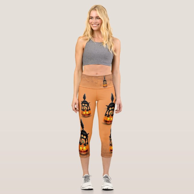 Cat Halloween Scared Cartoon on Pumpkin Capri Leggings (Front)